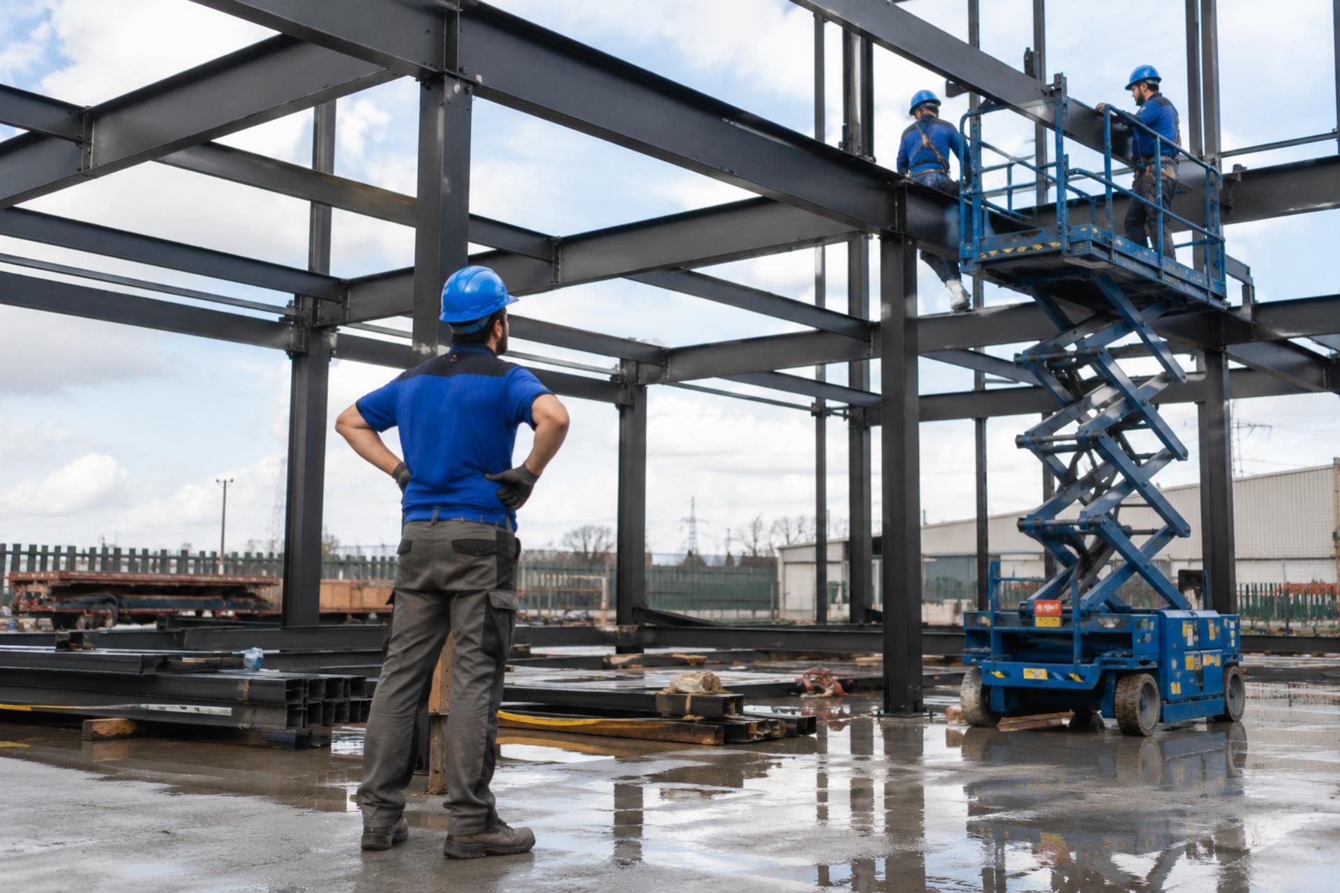 Bouwplaats met staalstructuur en hoogwerker